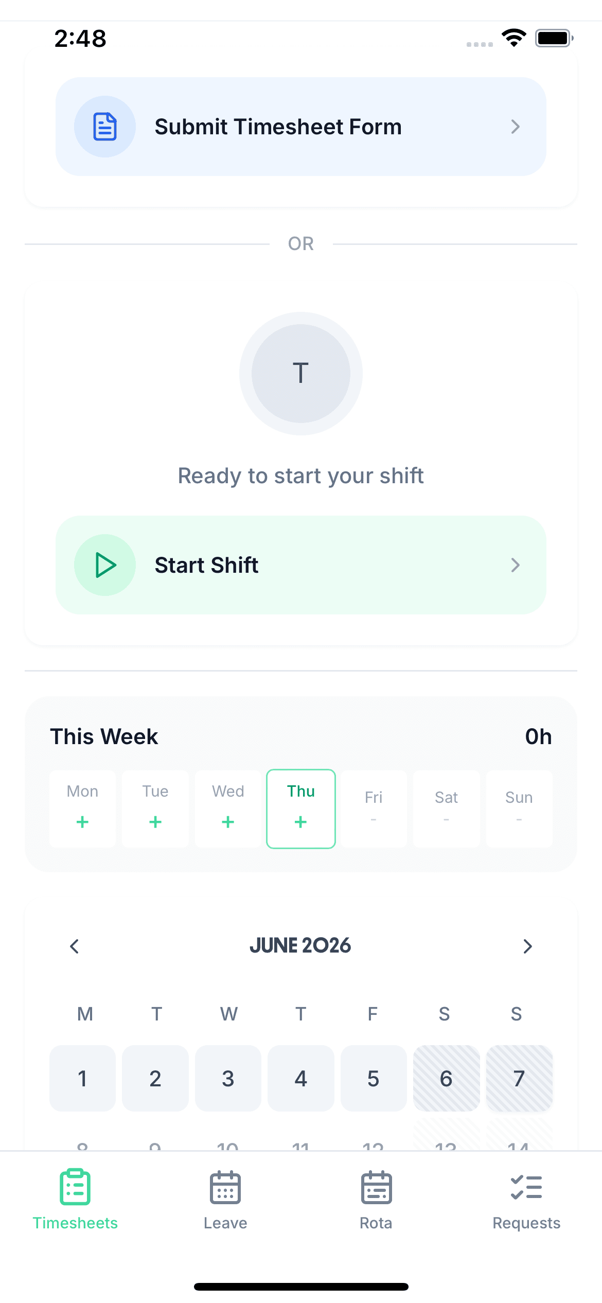 An employee's phone ready to start a shift, with the Start Shift button and this week's days below