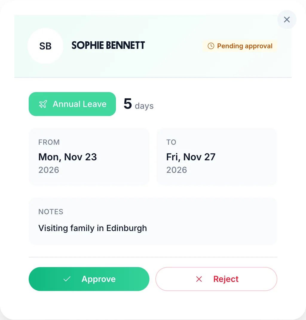 TimeTally leave request approval dashboard