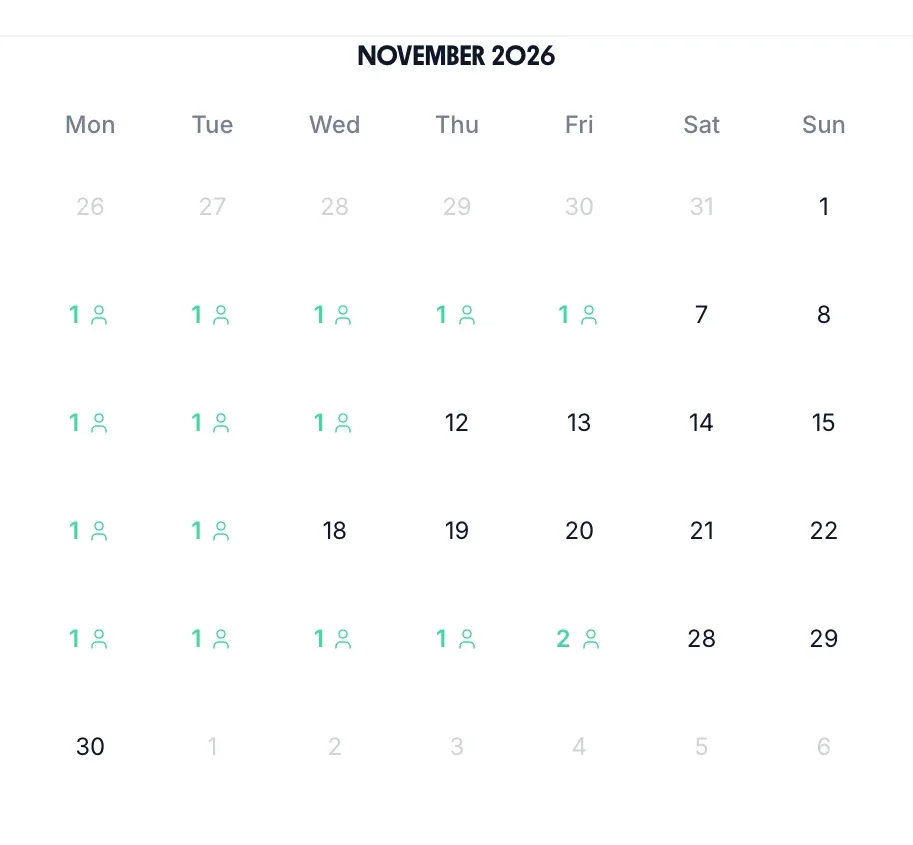 TimeTally team leave calendar showing how many people are off each day of the month