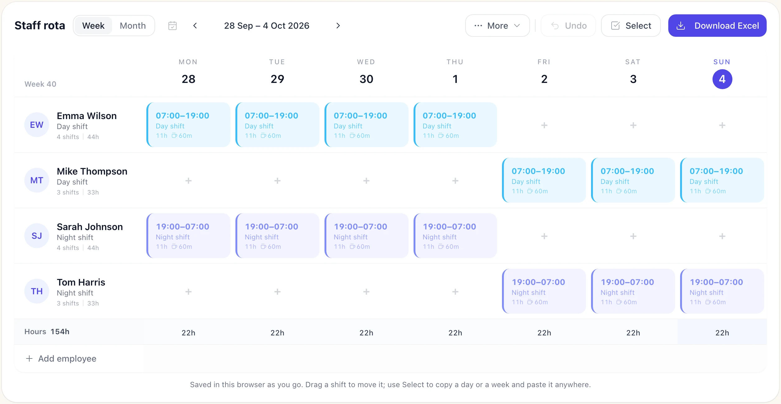 The free rota maker with a 4-on-4-off week: four people on 12-hour day and night shifts, with hours per person and per day