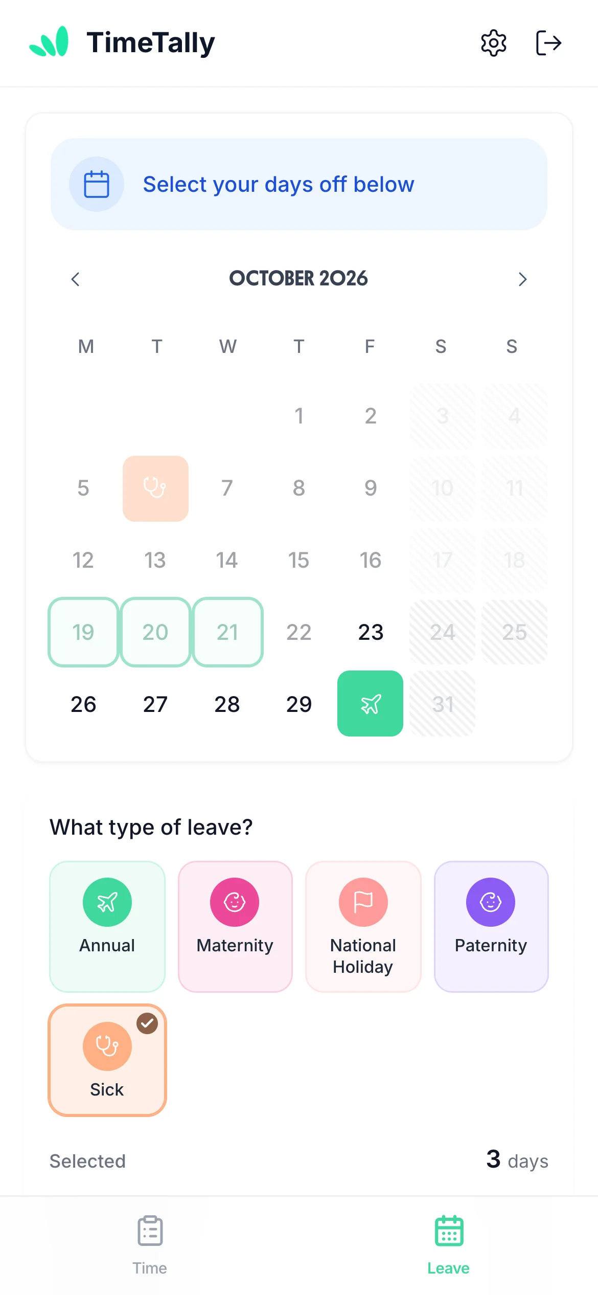 TimeTally app on iPhone: an employee picks three days and chooses Sick as the type of leave