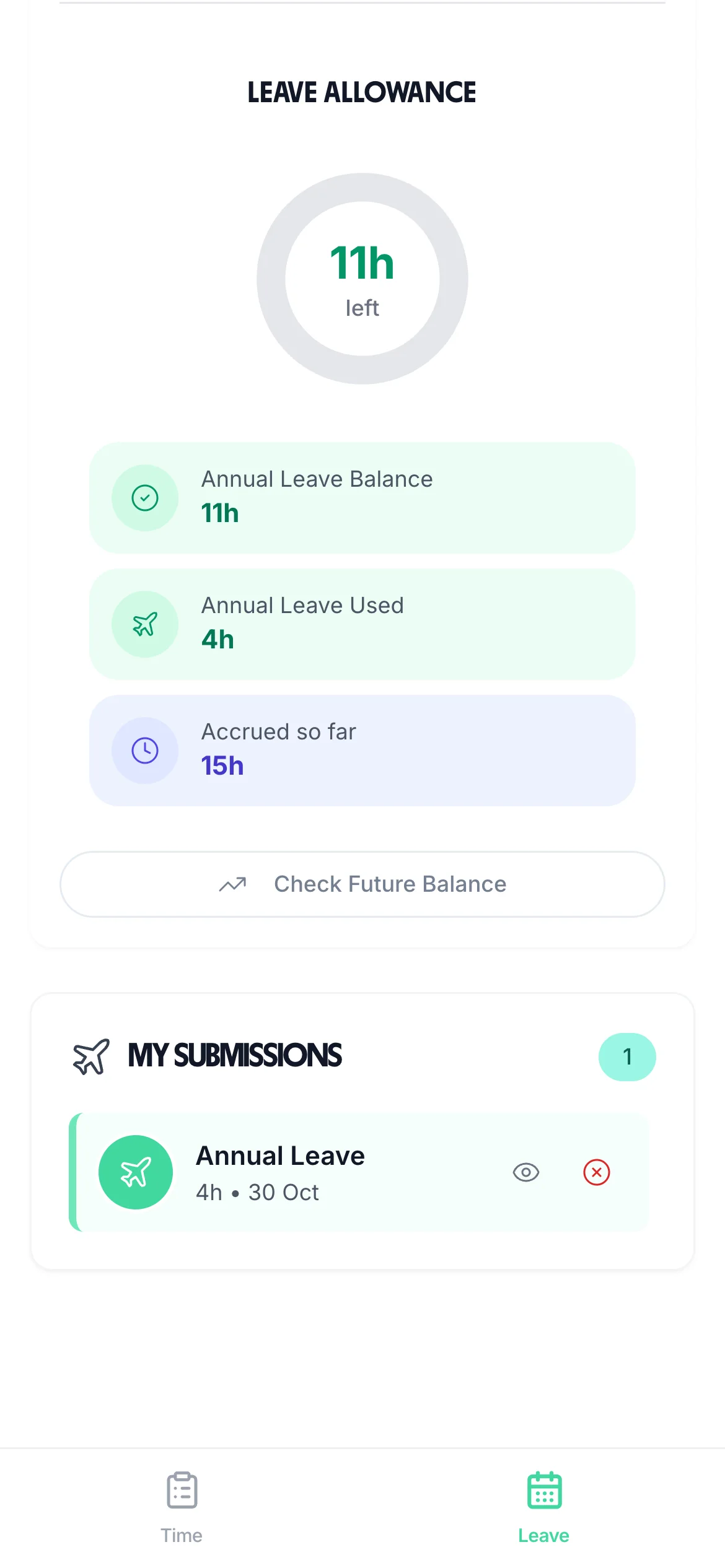 TimeTally app on iPhone showing employee booking annual leave