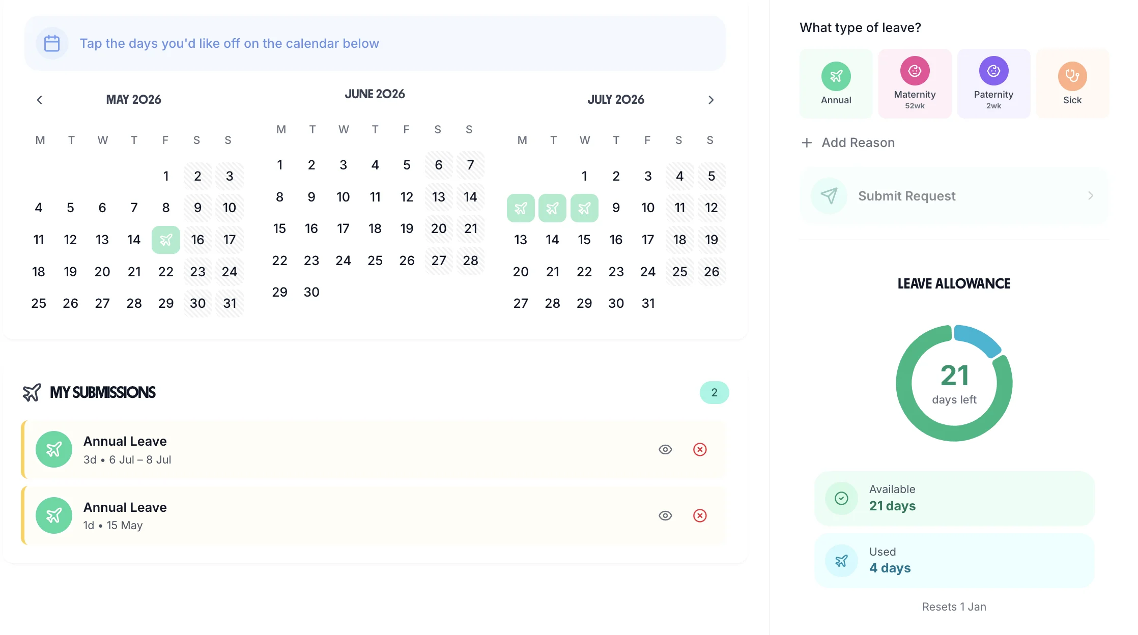 TimeTally absence management desktop dashboard showing leave request interface