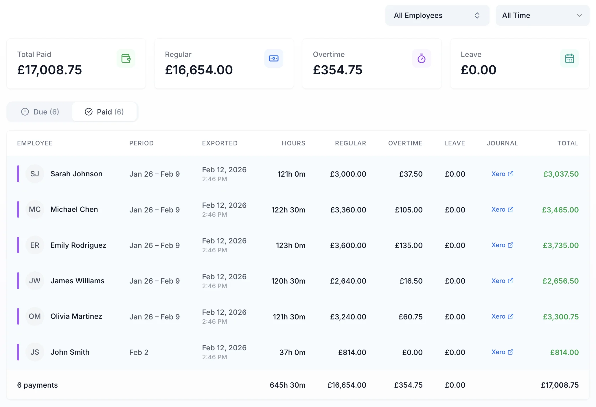 TimeTally pay breakdown showing hours, overtime, and earnings for logistics staff
