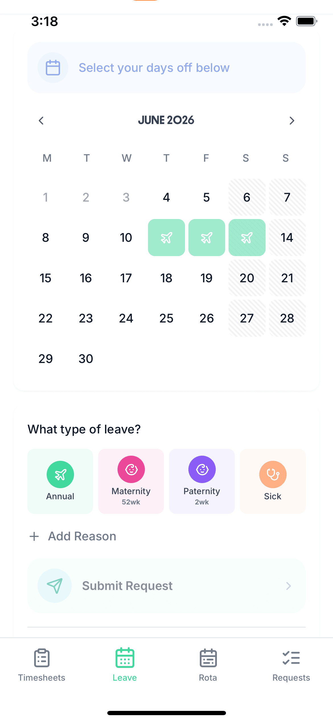 An employee booking three days of annual leave in the TimeTally app on an iPhone, with the leave types and Submit Request below the calendar