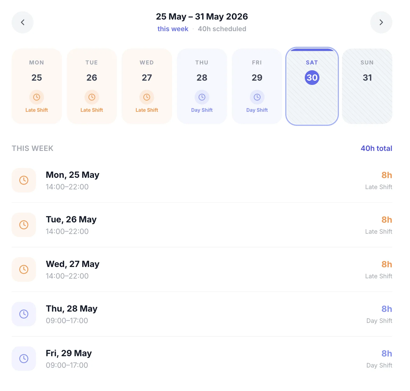 Employee viewing assigned shifts in TimeTally