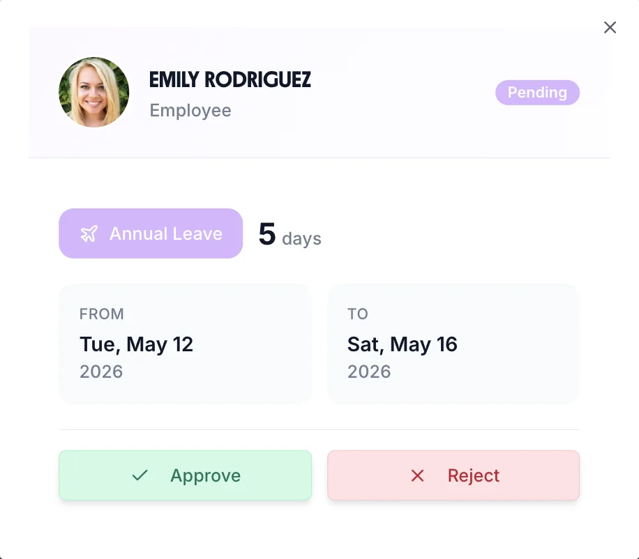 Leave request form modal showing leave type, dates, and balance