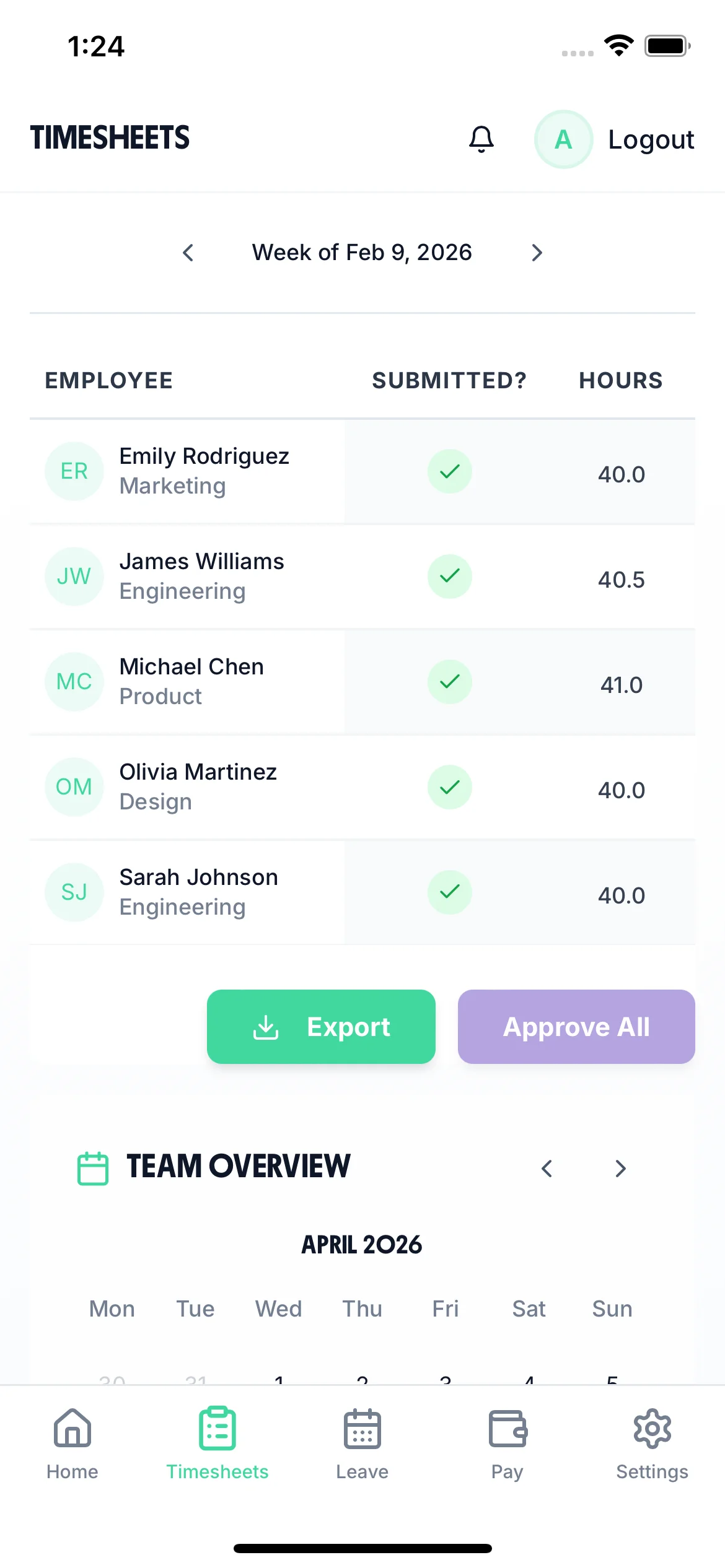 Transport manager view on a phone listing each driver's submitted hours and total for the week