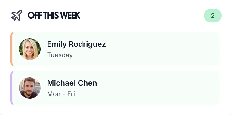 Who's off this week widget showing team leave overview at a glance