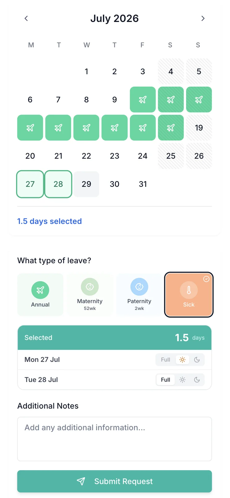 Booking leave in the TimeTally app: two days picked on the July calendar, one set to a morning, 1.5 days selected and a Submit Request button