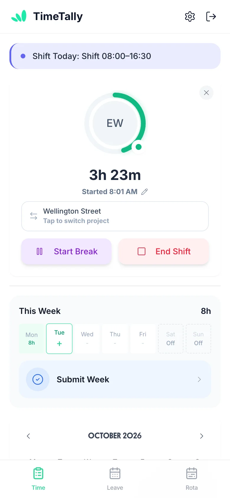 The same screen clocked in: a 3h 23m timer, started 8:01 AM on Wellington Street, with Start Break and End Shift
