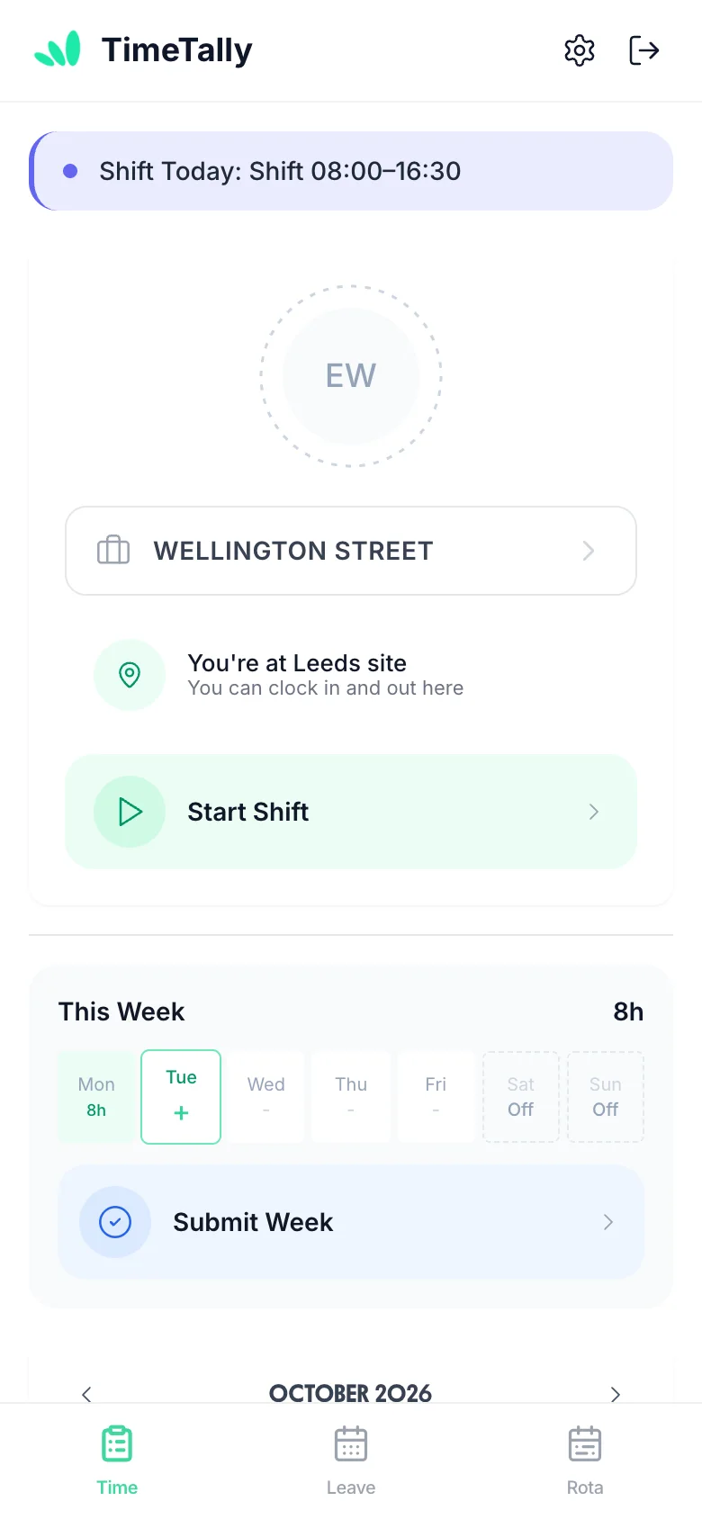 TimeTally clock in app before a shift: today's shift, the Wellington Street project, “You're at Leeds site” and the Start Shift button