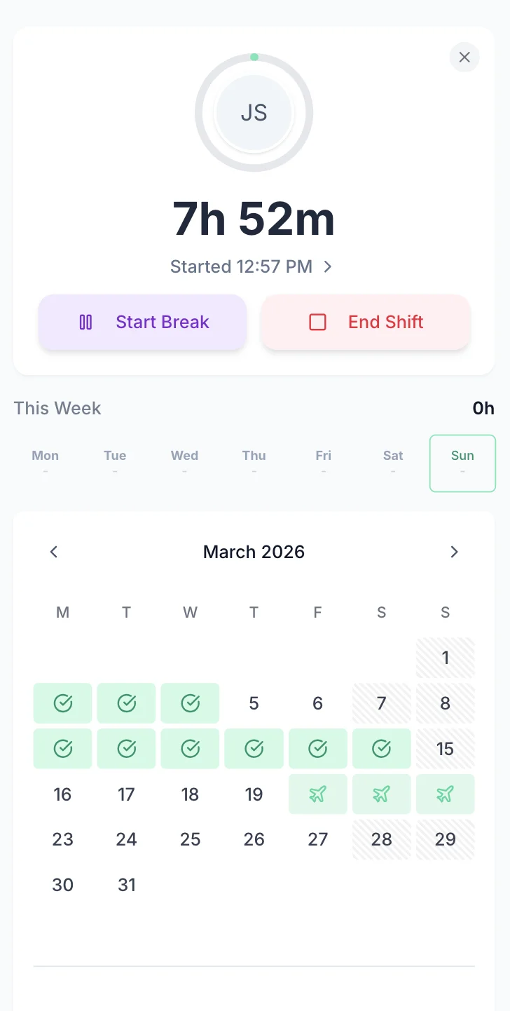 Active shift timer showing 7h 52m with Start Break and End Shift buttons