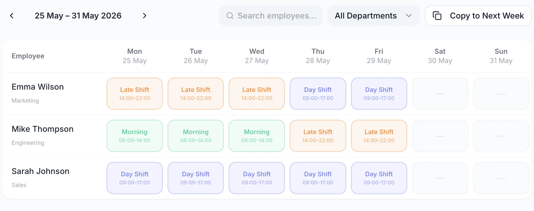 The weekly rota calendar in TimeTally — every employee's shifts from Monday to Sunday