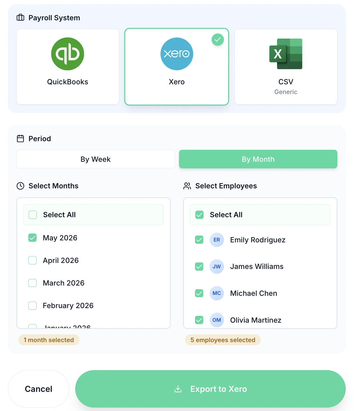 Payroll export modal showing QuickBooks, Xero and CSV options with employee and period selection