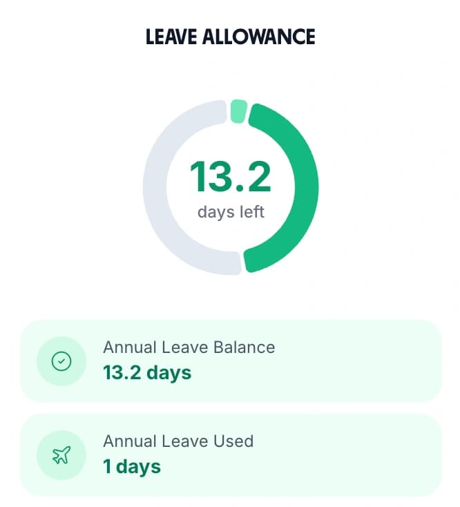 An employee's leave allowance card showing the days left, the annual leave balance and the days already used