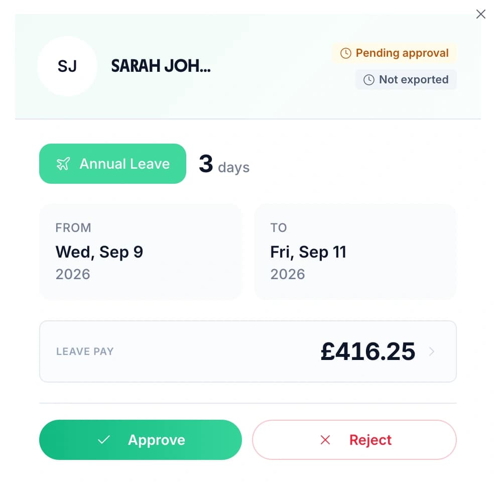 A site manager approving a three-day annual leave request, showing the dates, the leave pay and Approve and Reject buttons