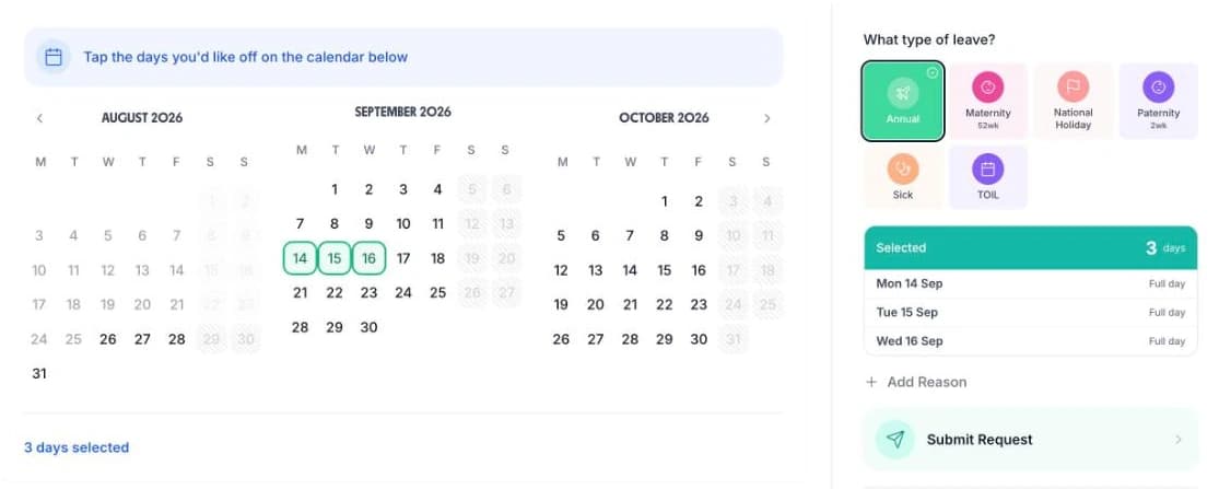 Booking time off in TimeTally: three months of dates, the leave type grid, and a submit button