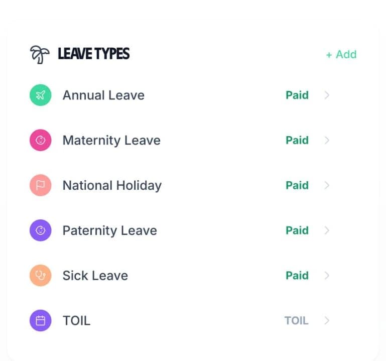 The leave types list, each type with its own colour and set as paid or unpaid