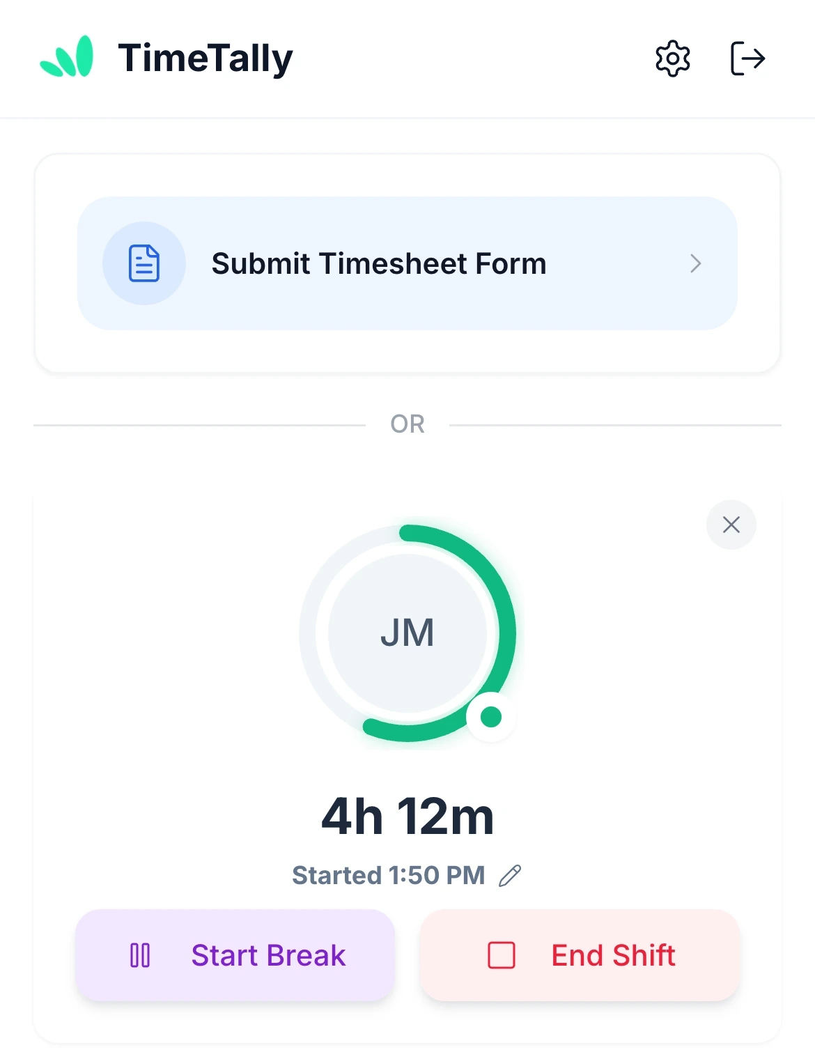Jake Morris clocked in on his phone in TimeTally: 4h 12m on shift since 1:50 PM, with Start Break and End Shift
