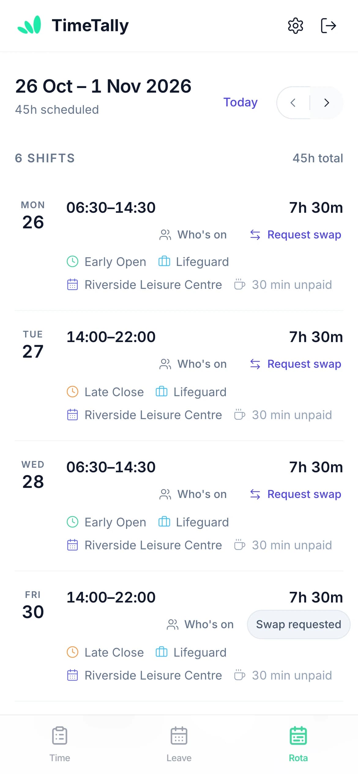 Jake Morris's week in the TimeTally app on an iPhone: Early Open and Late Close lifeguard shifts at Riverside Leisure Centre, 45 hours scheduled, with Who's on and Request swap on each shift