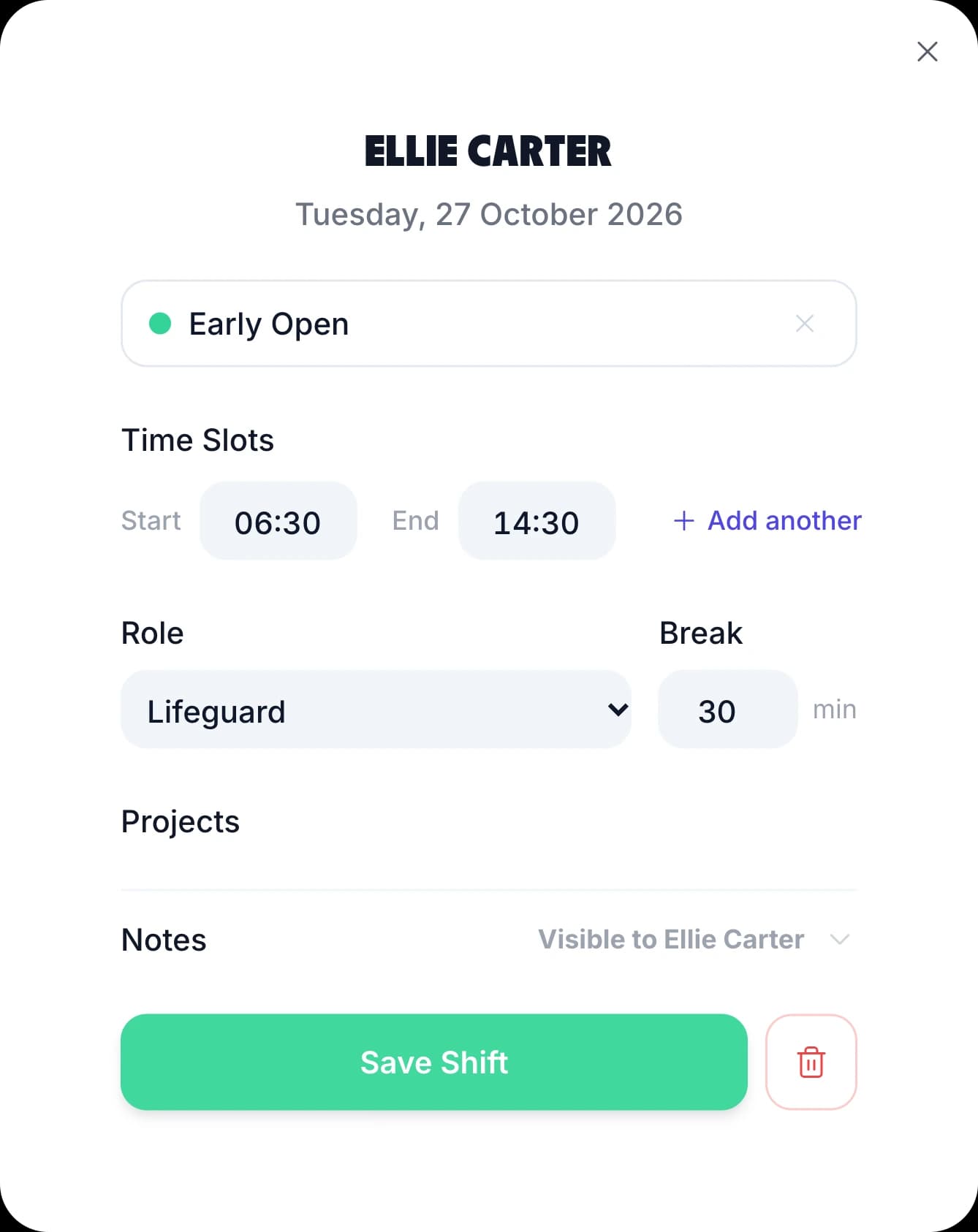 The TimeTally shift form for Ellie Carter on Tuesday 27 October: the Early Open template, 06:30 to 14:30 with Add another time slot, the Lifeguard role, a 30 minute break, notes and Save Shift