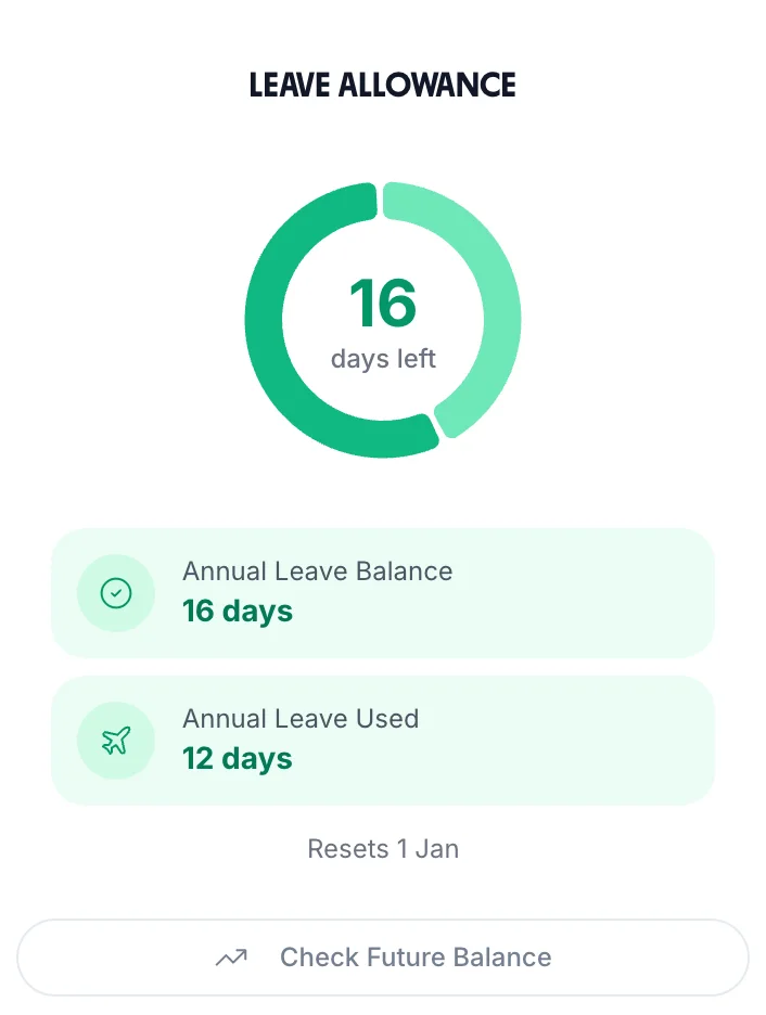 Employee leave balance view showing entitlement, taken, and remaining days