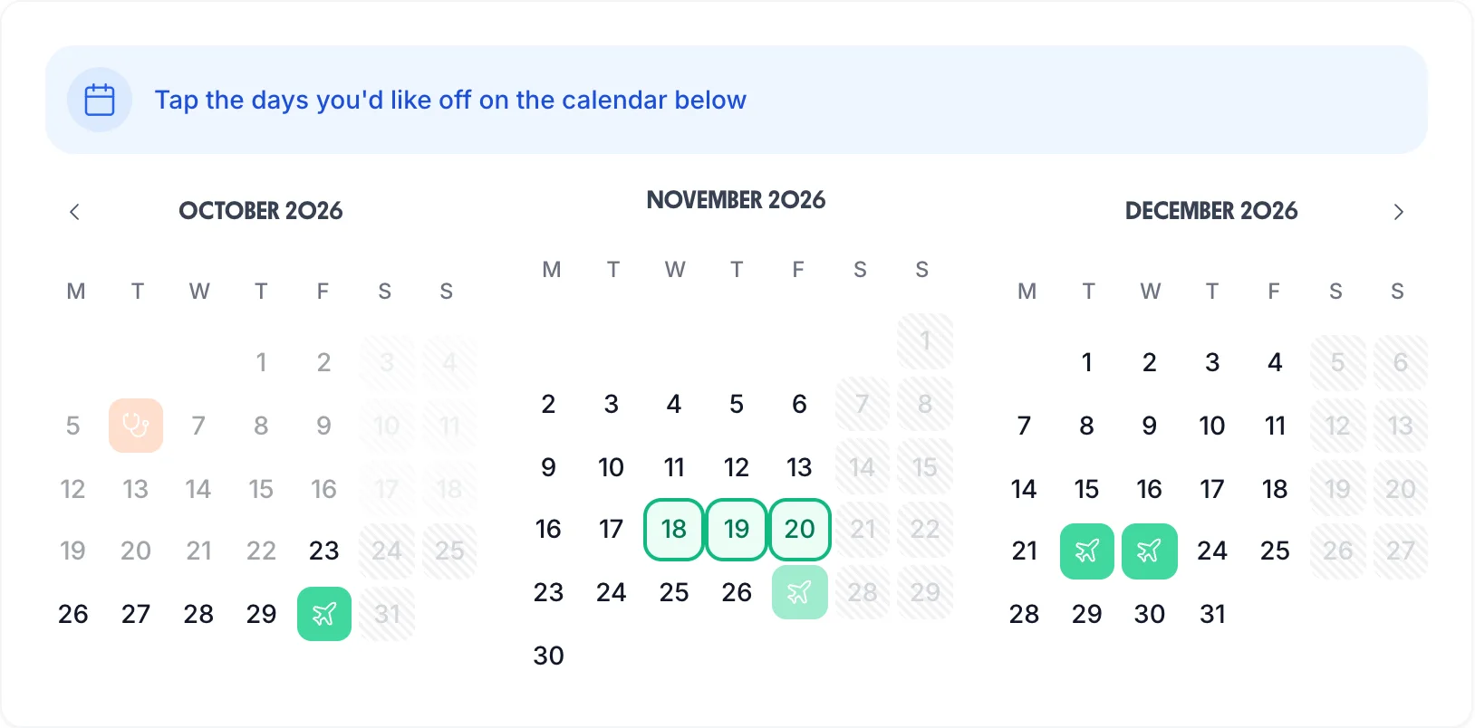Leave booking calendar showing date selection for time off request
