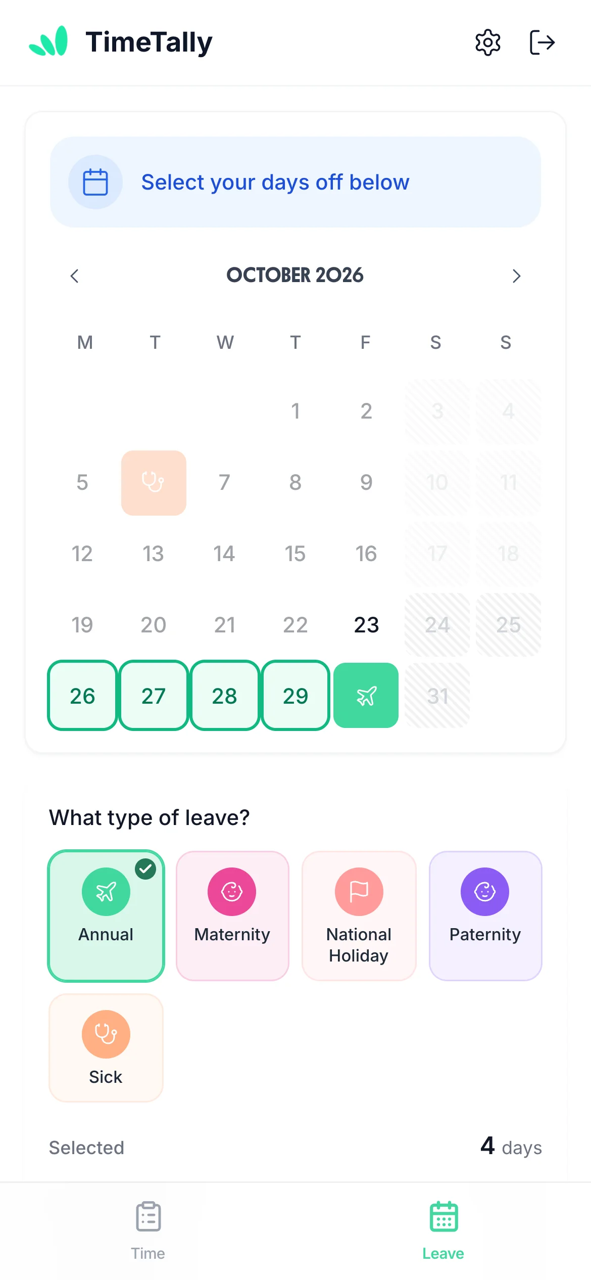 TimeTally holiday requests: an employee picks their days off and the leave type on their phone