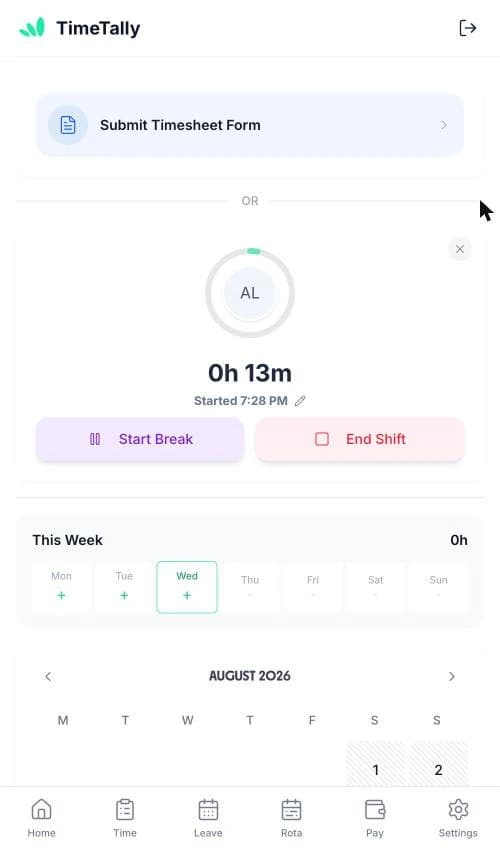 TimeTally clock in screen on a phone with the shift timer running