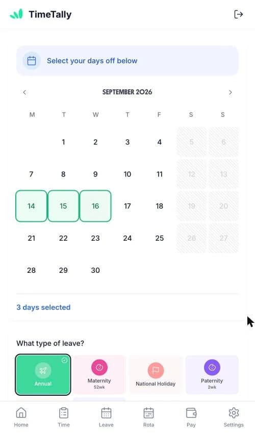 A member of staff picking days off and a leave type on their phone
