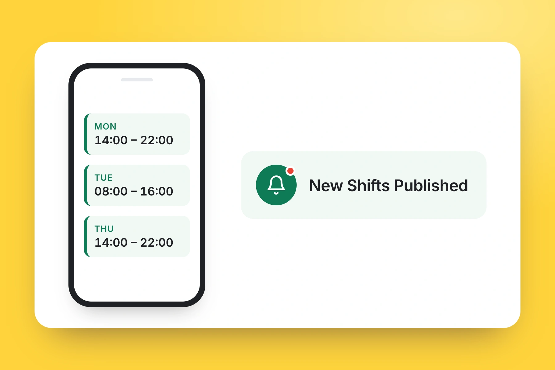 An employee's published shifts on a phone, with a New Shifts Published notification