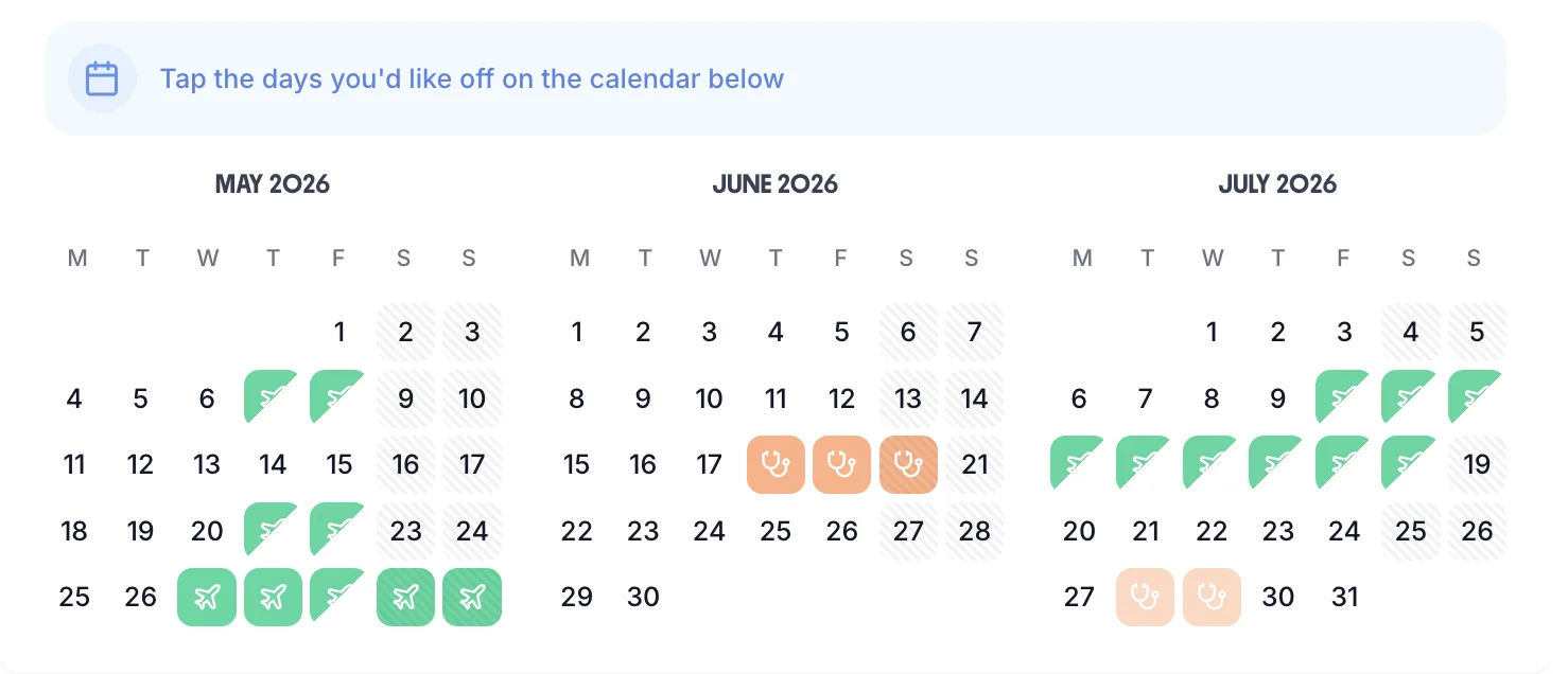 Leave booking calendar showing date selection for time off request