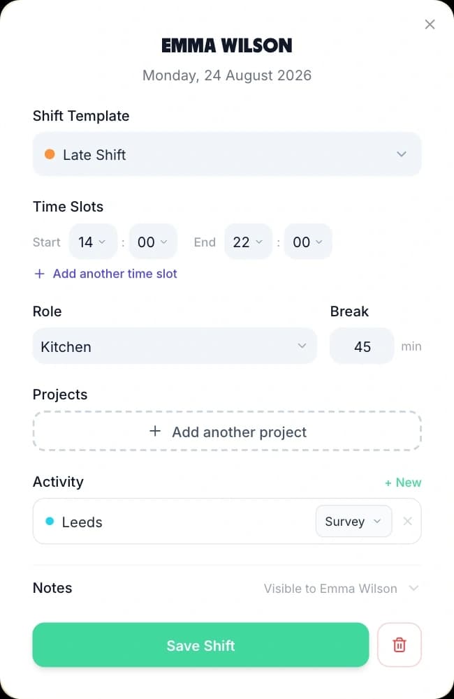 Creating a shift from a saved template: the template picker, start and end times, role, break and a Save Shift button