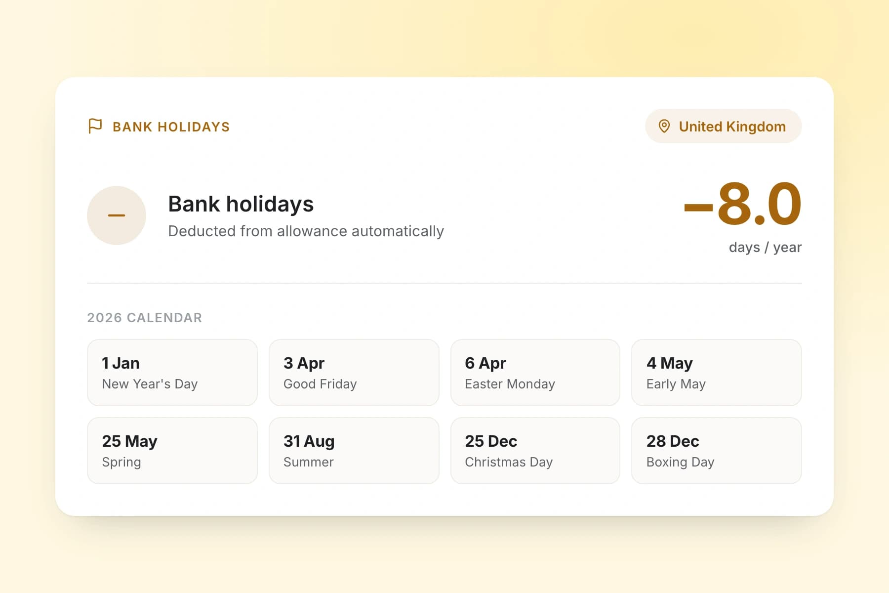 Bank holidays, deducted automatically