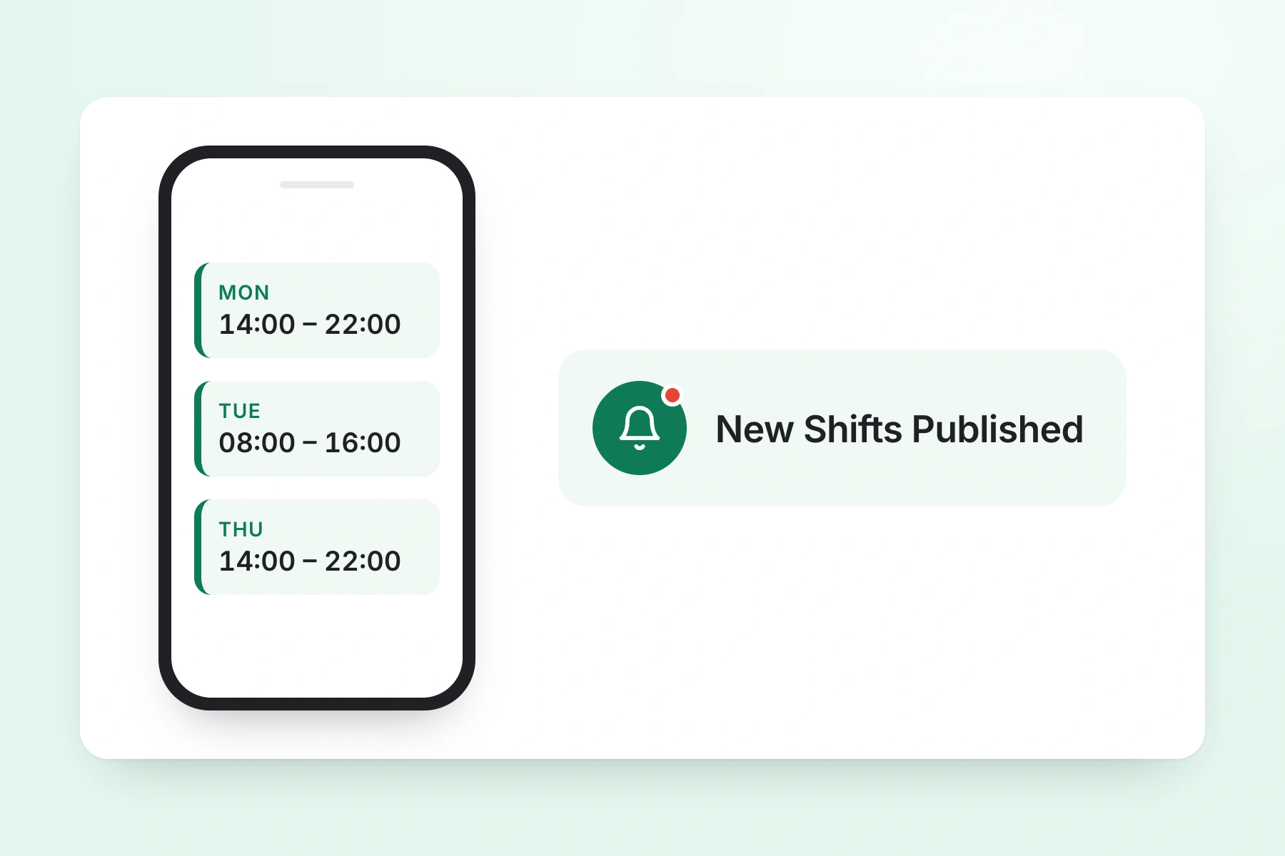 An employee's published shifts on a phone, with a New Shifts Published notification