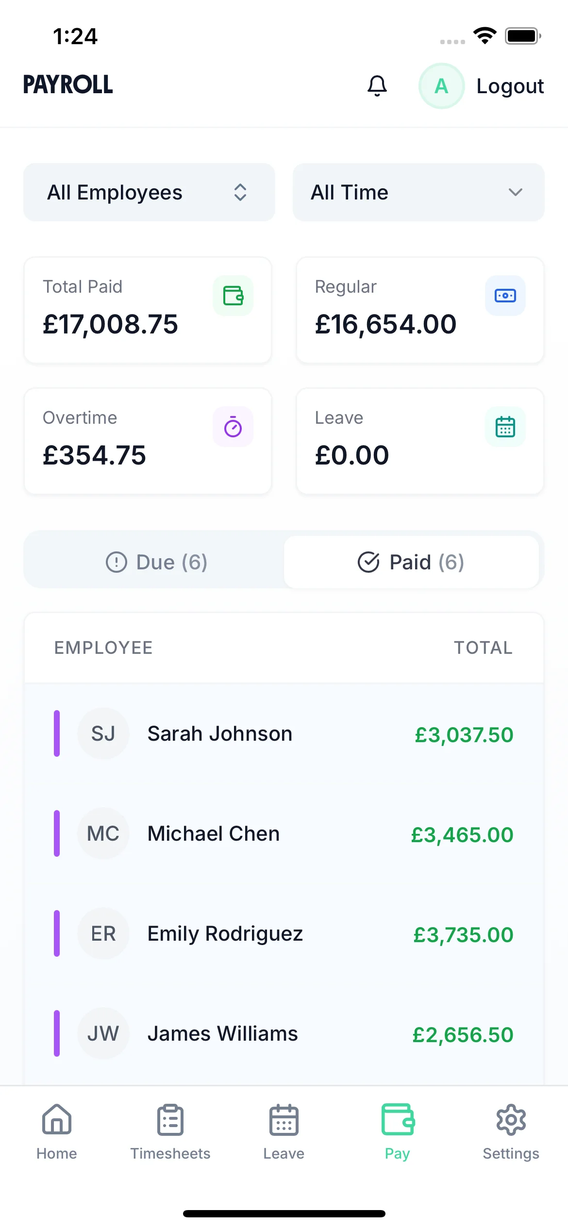 Pay summary on mobile app