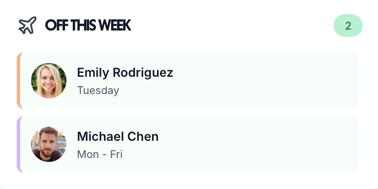 School staff availability widget showing who's off this week for class cover planning