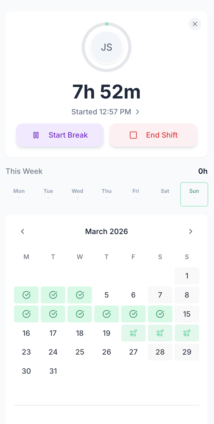 Employee clocked-in view showing running timer with elapsed hours and stop button for UK time tracking