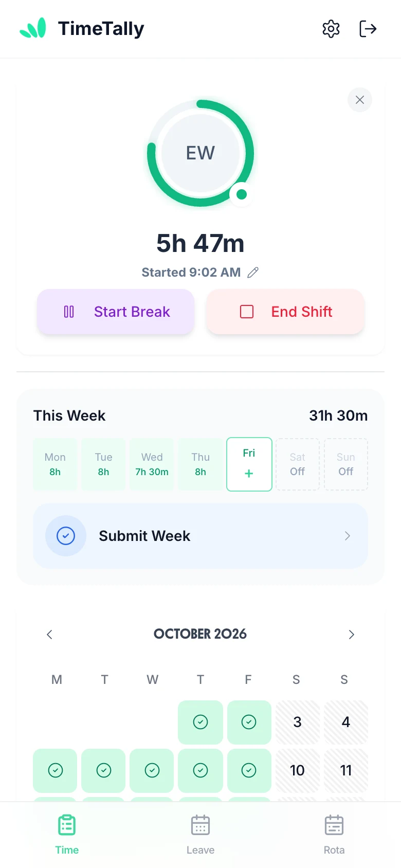 Employee clocked in on mobile