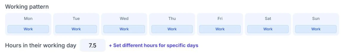 TimeTally working pattern editor with the days an employee works and the hours in their working day