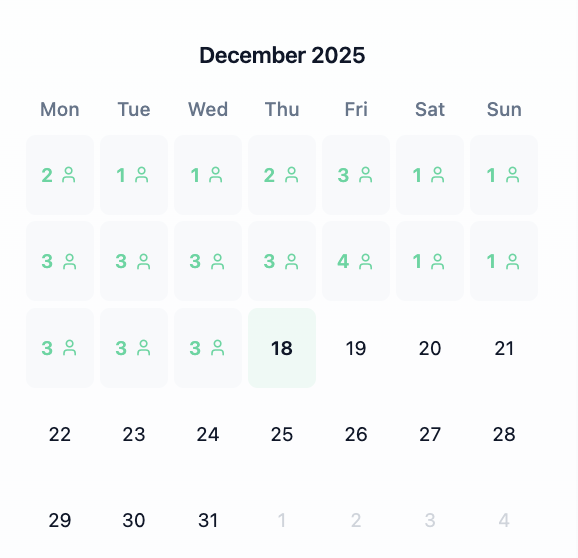Monthly calendar view showing who is off when for logistics peak season planning