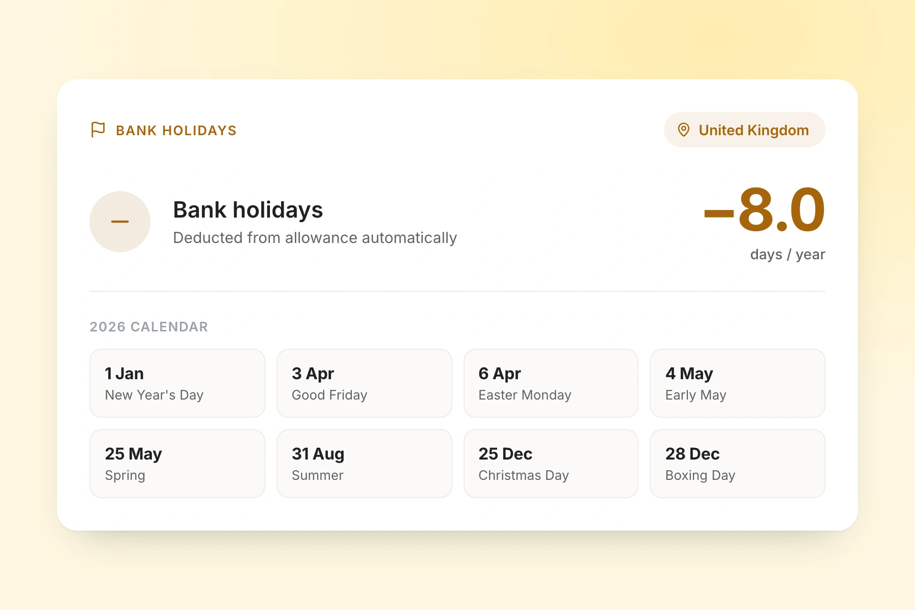 TimeTally bank holidays card listing the 2026 England and Wales bank holidays taken from the leave allowance